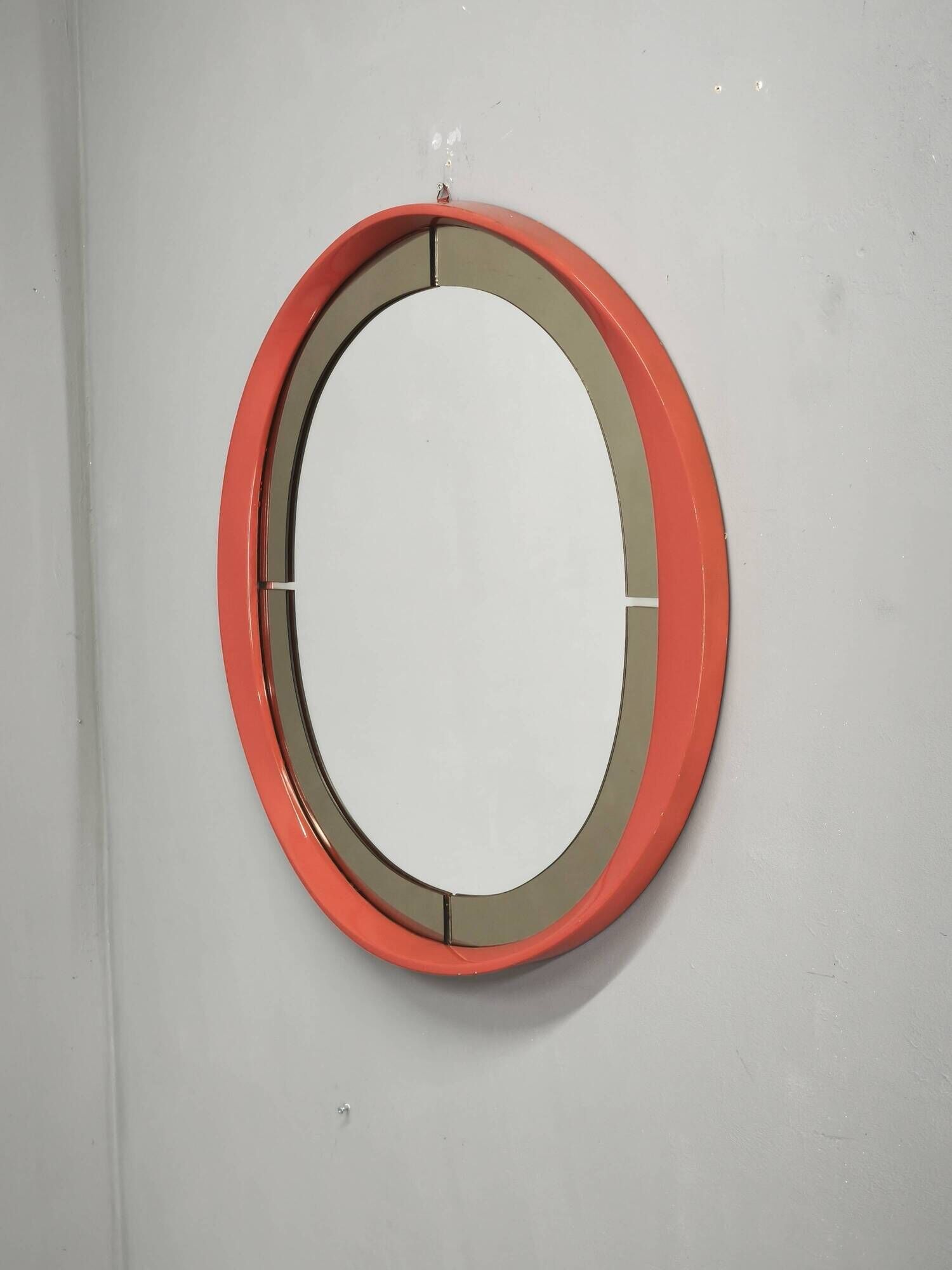 1970s Italian Space Age Red Lacquer and Smoked Glass Round Mirror