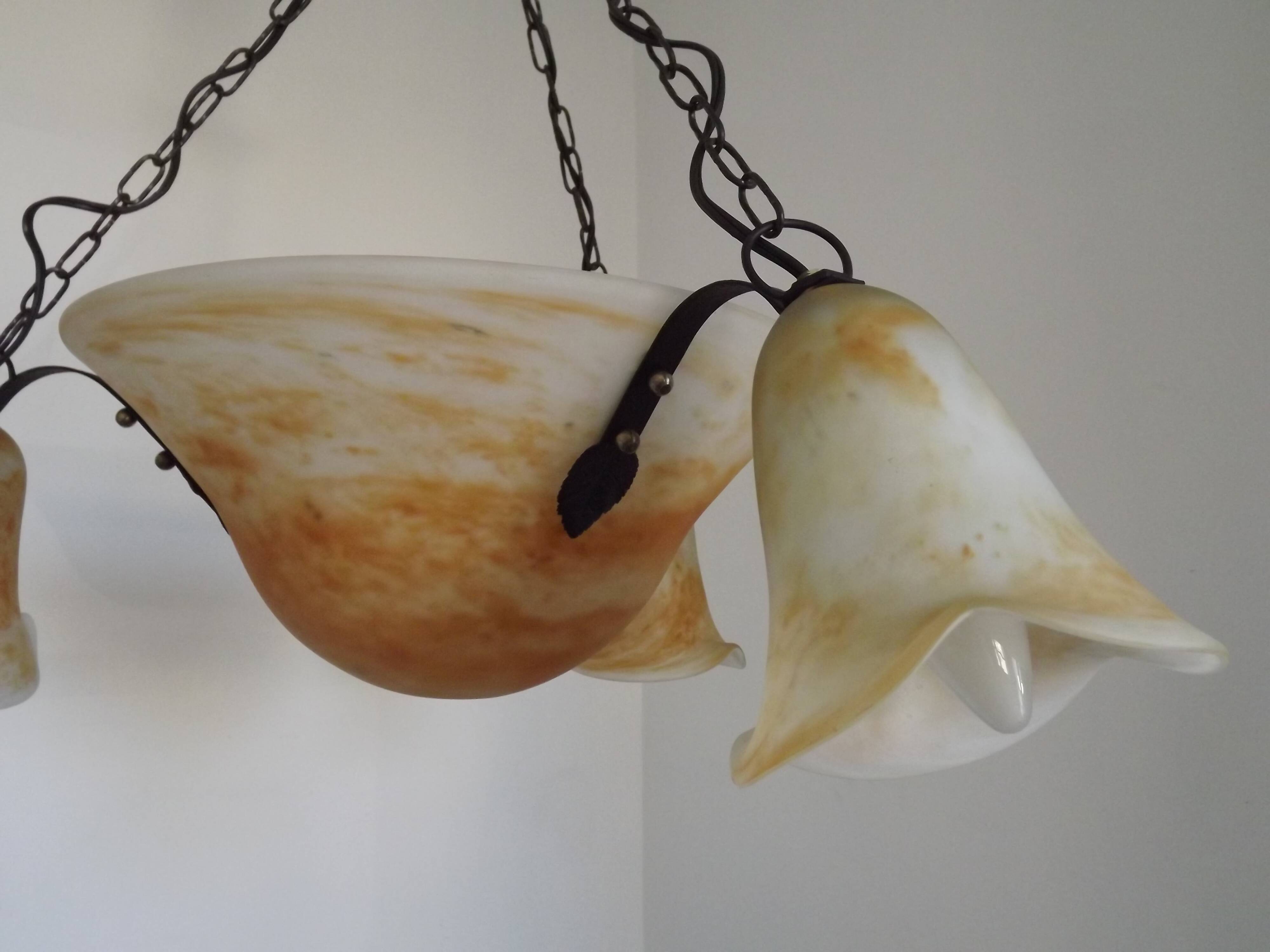 Vintage 4-light chandelier in black metal and glass, France