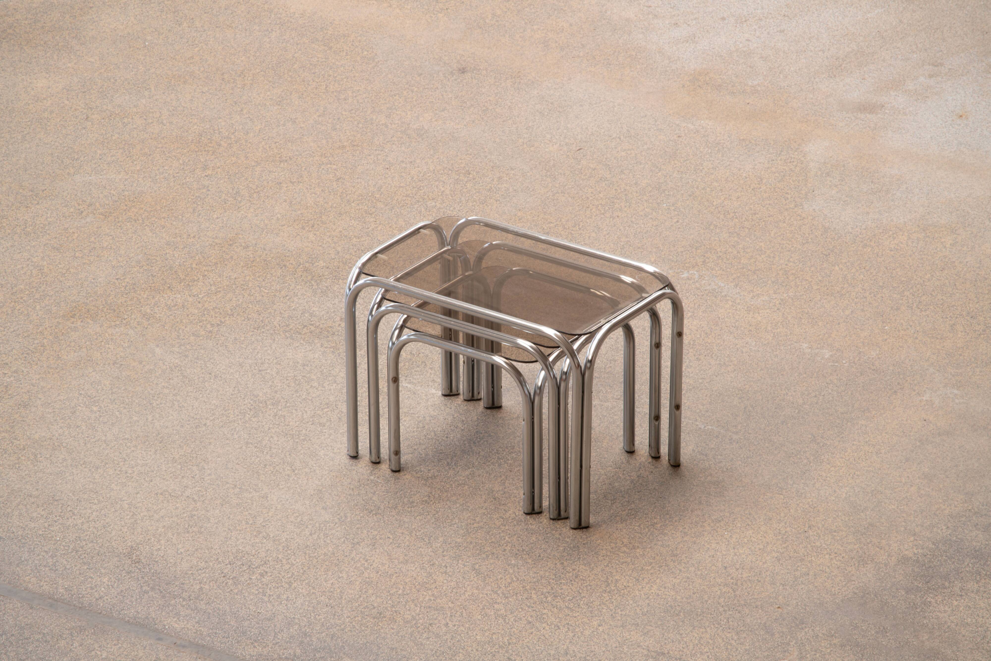 Vintage chrome and glass built-in coffee tables 1970