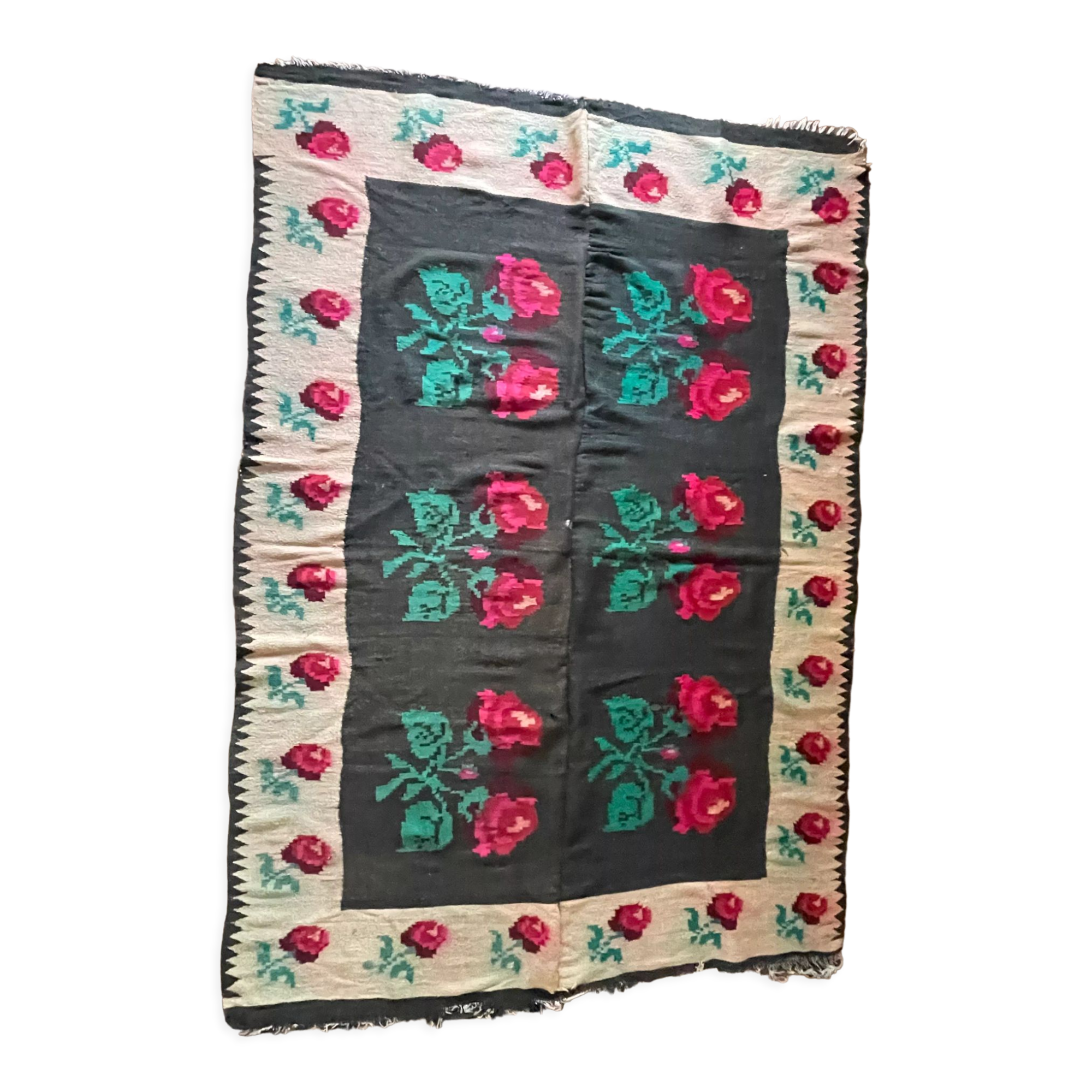 Very Old Romanian floral handwoven carpet made in wool, bohemian design