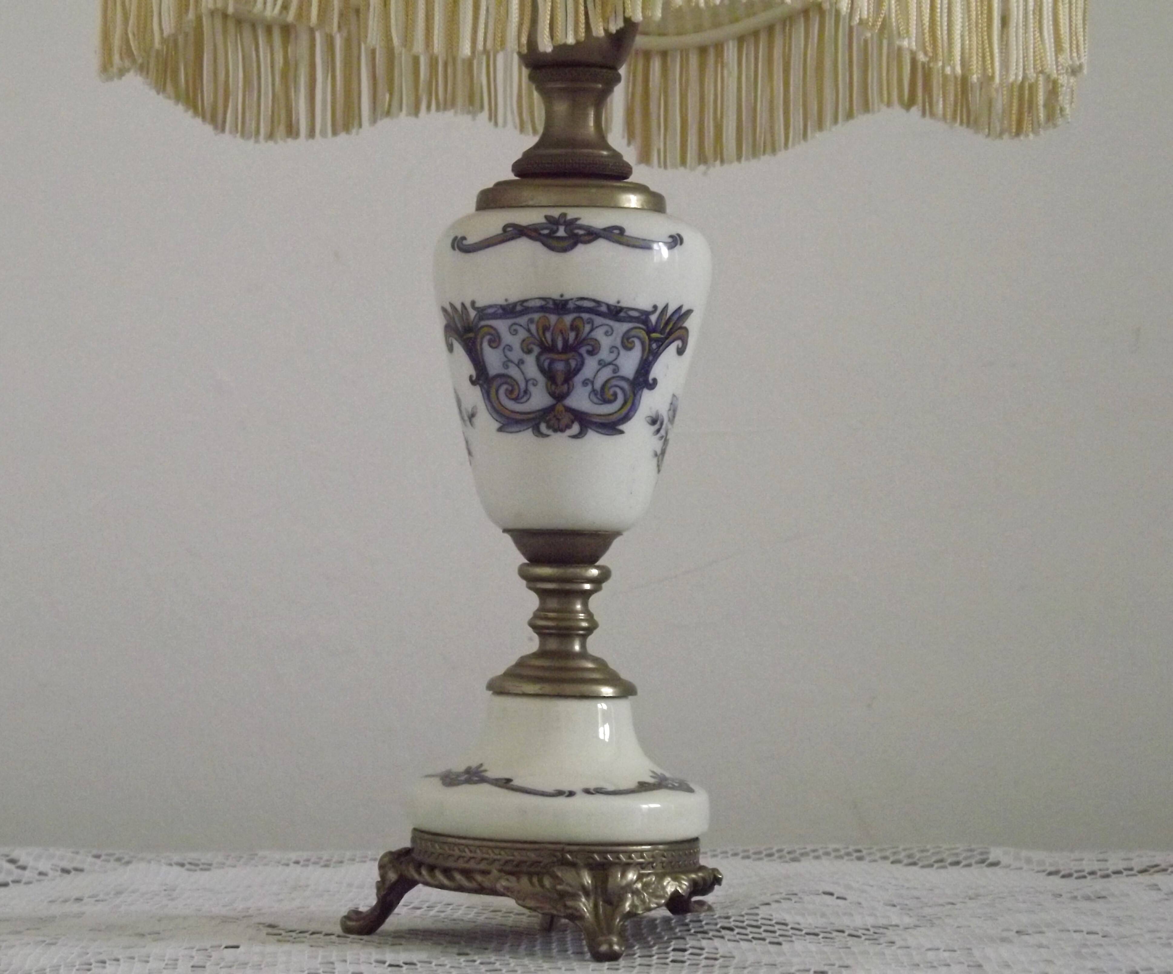 French Vintage Decorative Silver Metal and Porcelain Shaded Table Lamp