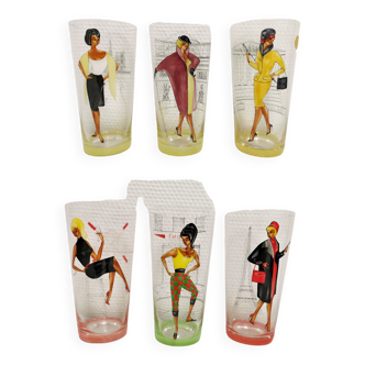 6 glasses vintage enamelled decoration. women's pin'up pattern 50s. villeroy & boch saar