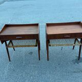 Modernist Danish teak bedside tables with rattan shelves, set of 2