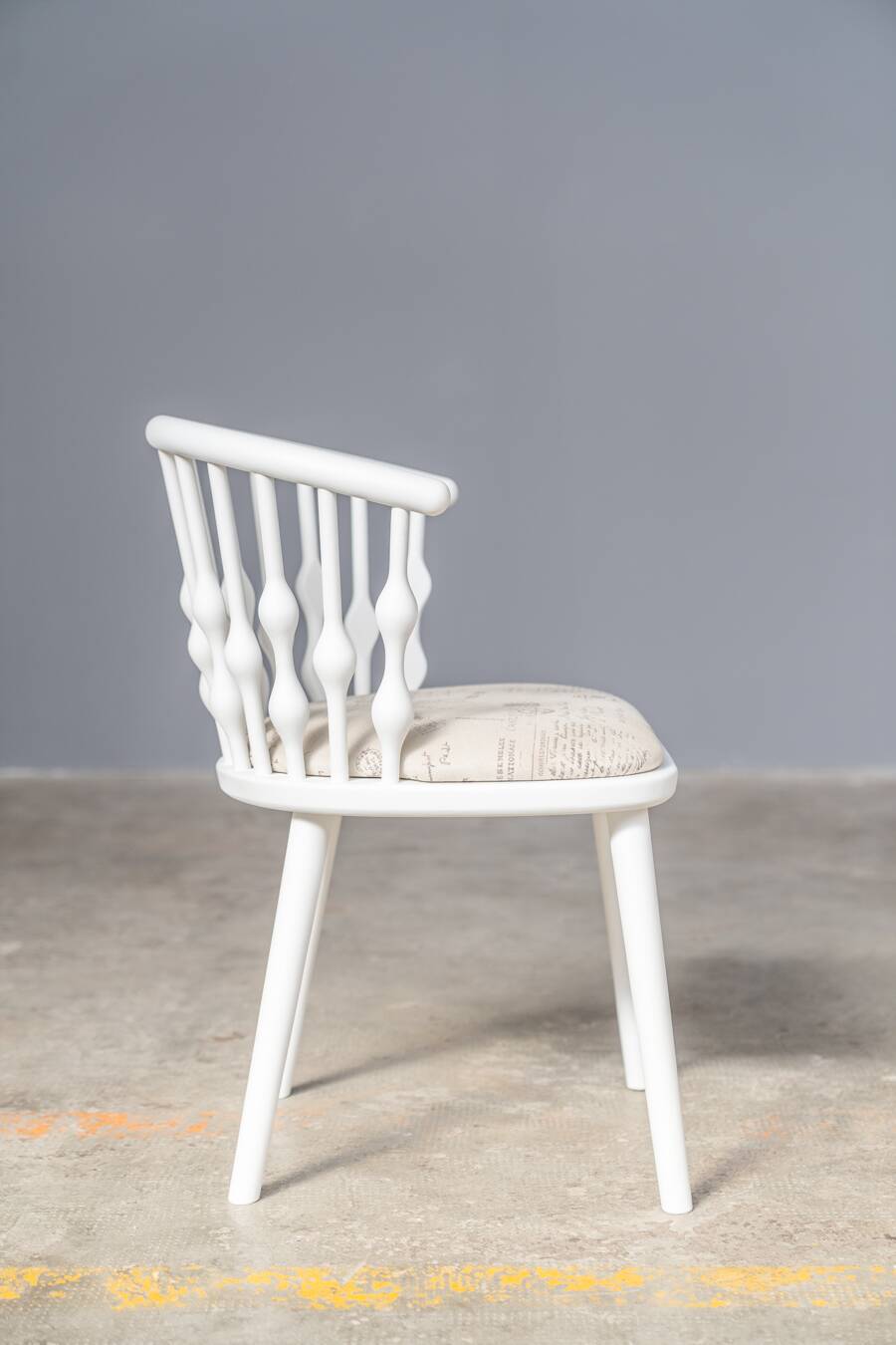Matte white painted beech chair with upholstered seat in fabric 1970