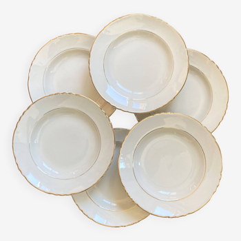 Set of 6 hollow plates in white and gold old earthenware Moulin des loups Orchies vintage