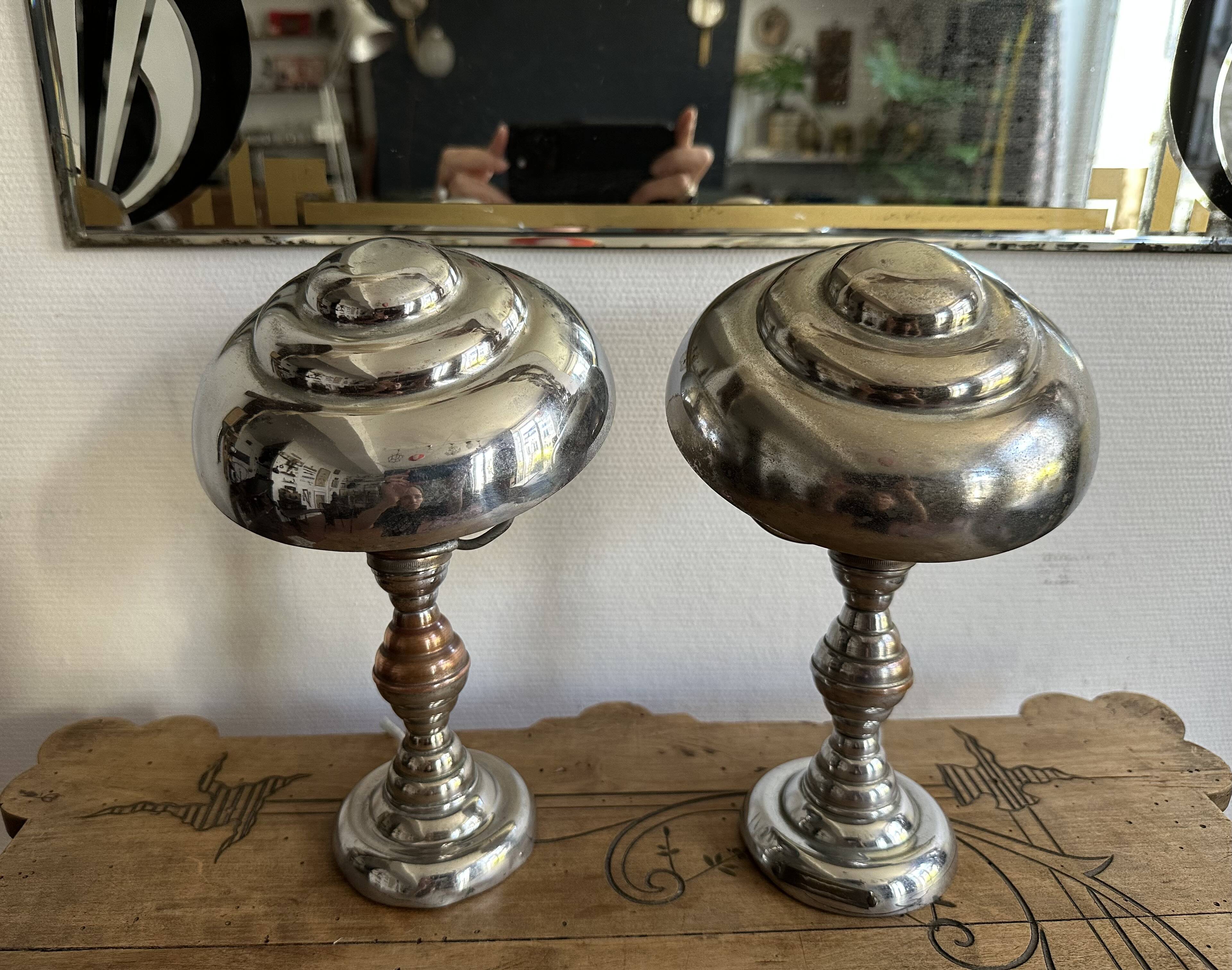 Pair of Art Deco ELAU mushroom lamps with adjustable nickel-plated metal.