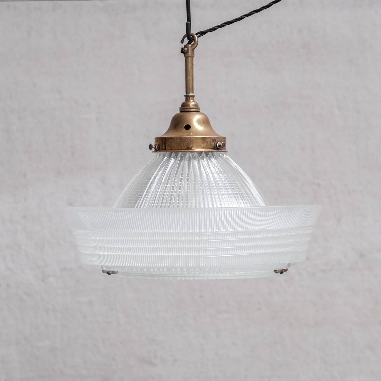 Glass and Brass Holophane Antique Pendant Light