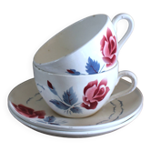 A set of 2 cups and saucers Digoin Sarreguemines red blue Art Deco.