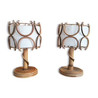 Pair of rattan bedside lamps