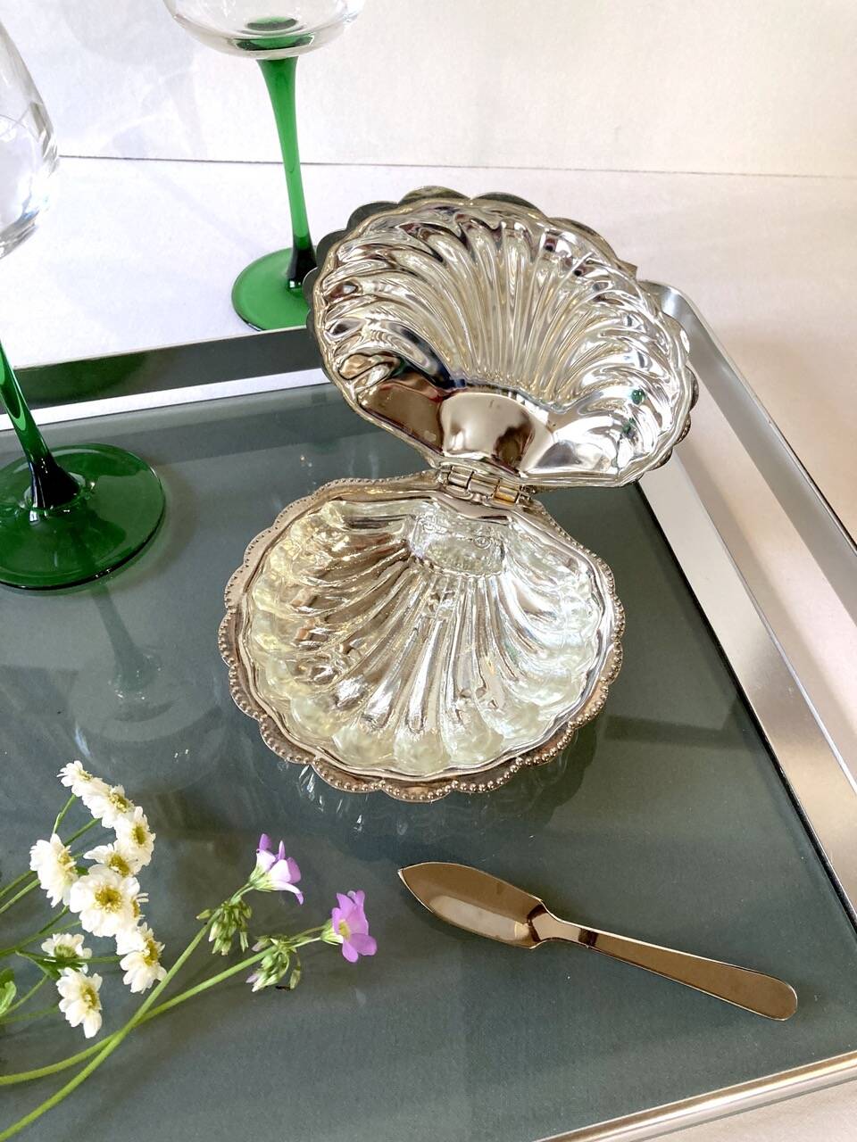 Silver-plated metal shell butter dish, 1950s