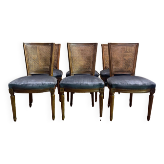 Suite de 6 chaises de style Louis XVI cannage et velours