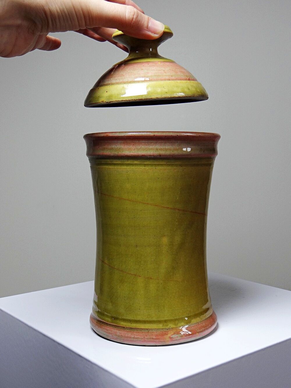 Decorative spice box in vintage two-tone glazed stoneware, handmade and signed.