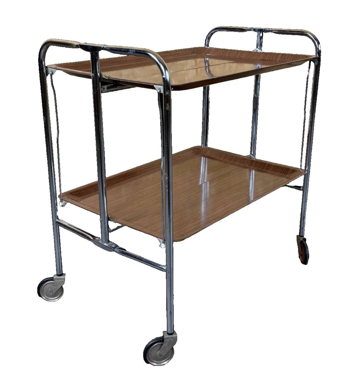 1960s 1970s Serving Cart Dinette Side Table Space Age Design Chrome Brown