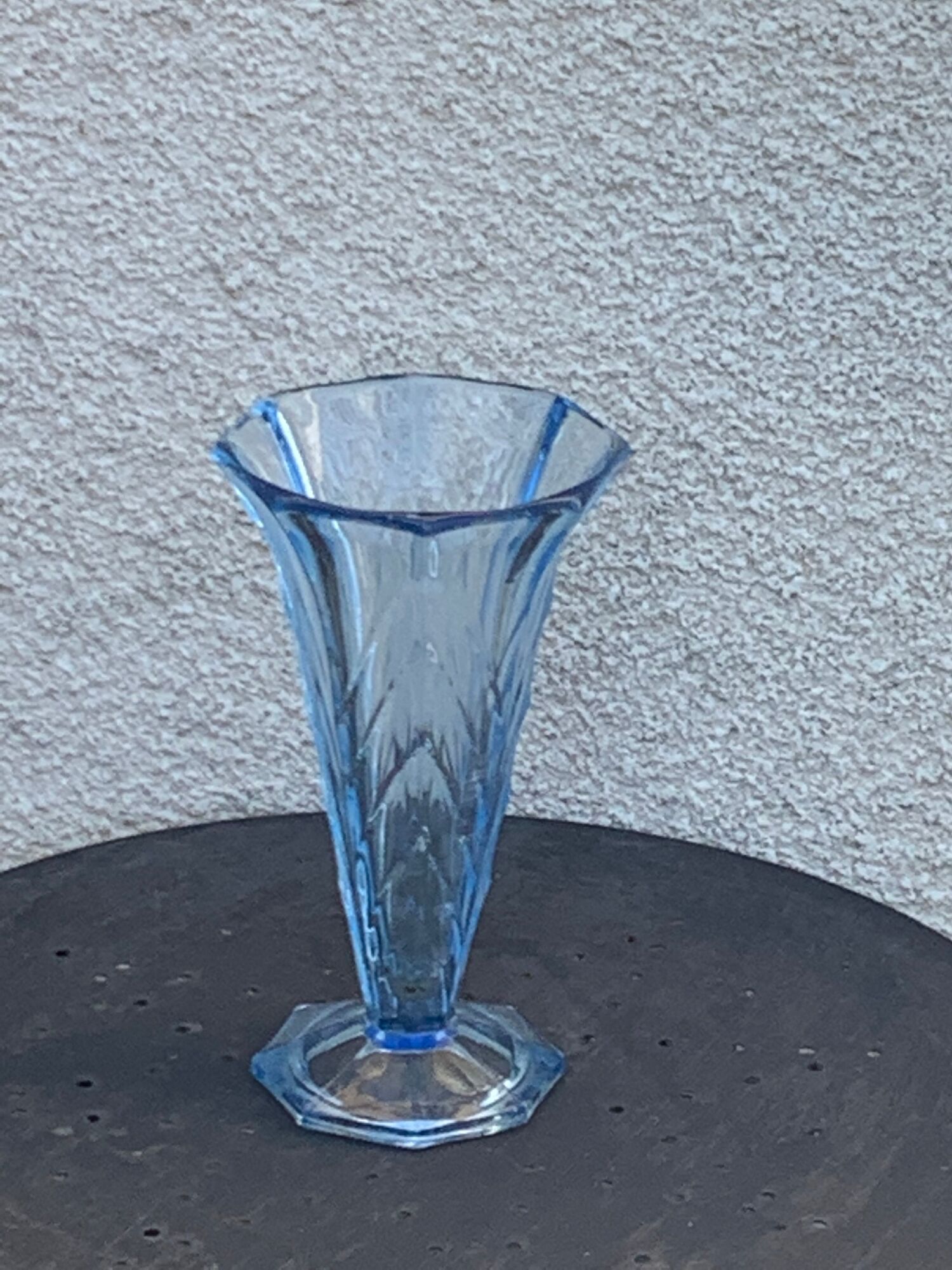 Blue molded glass vase in art deco relief