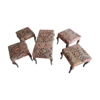 Set of 5 Turkish Kilim Bench, Kilim Bench Upholstered With Vintage Turkish Kilim Rug, Handmade Ottoman From Anatolian