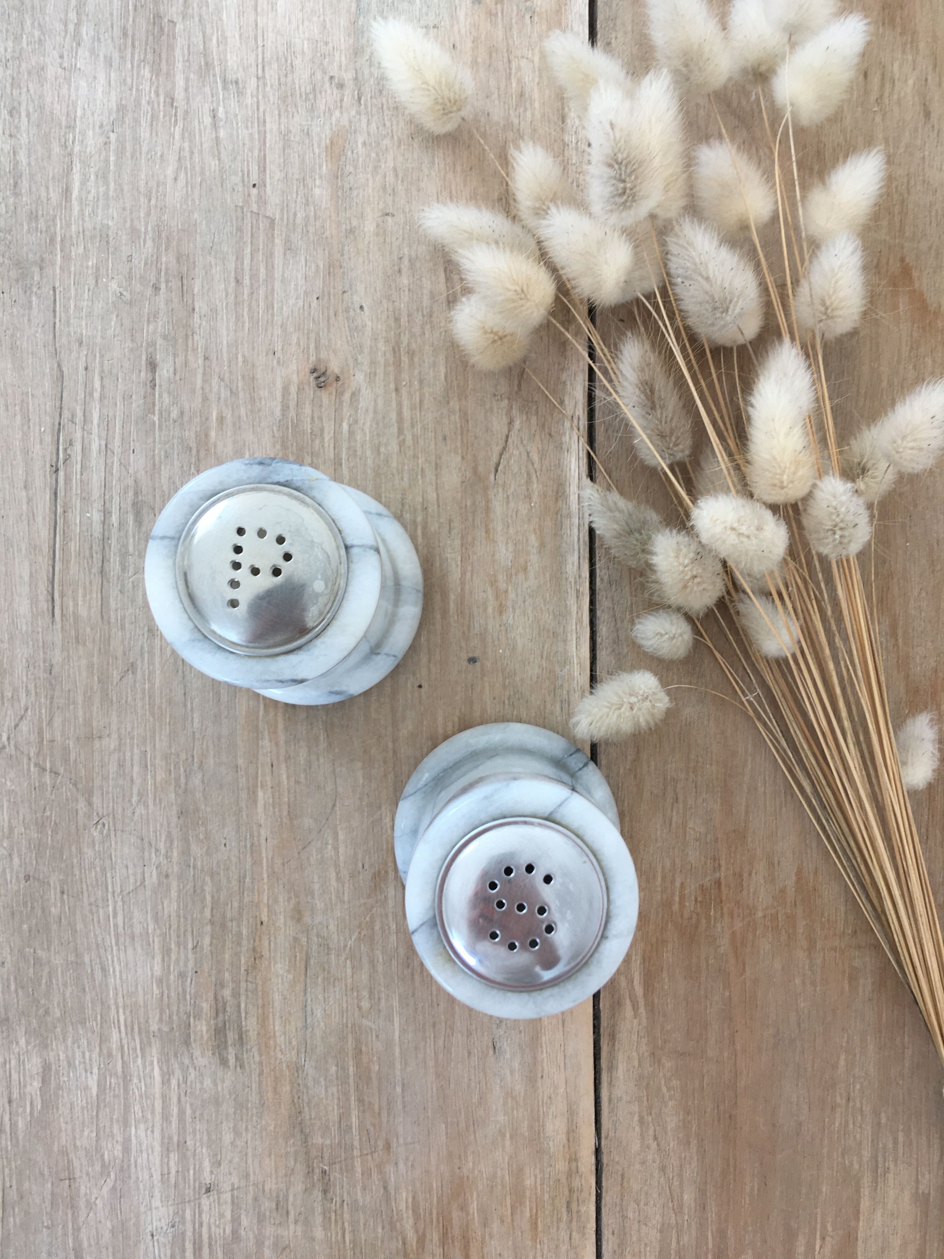 Marble pepper salt shaker duo