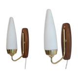 Pair of Danish wall lamps in teak and opaline 1960