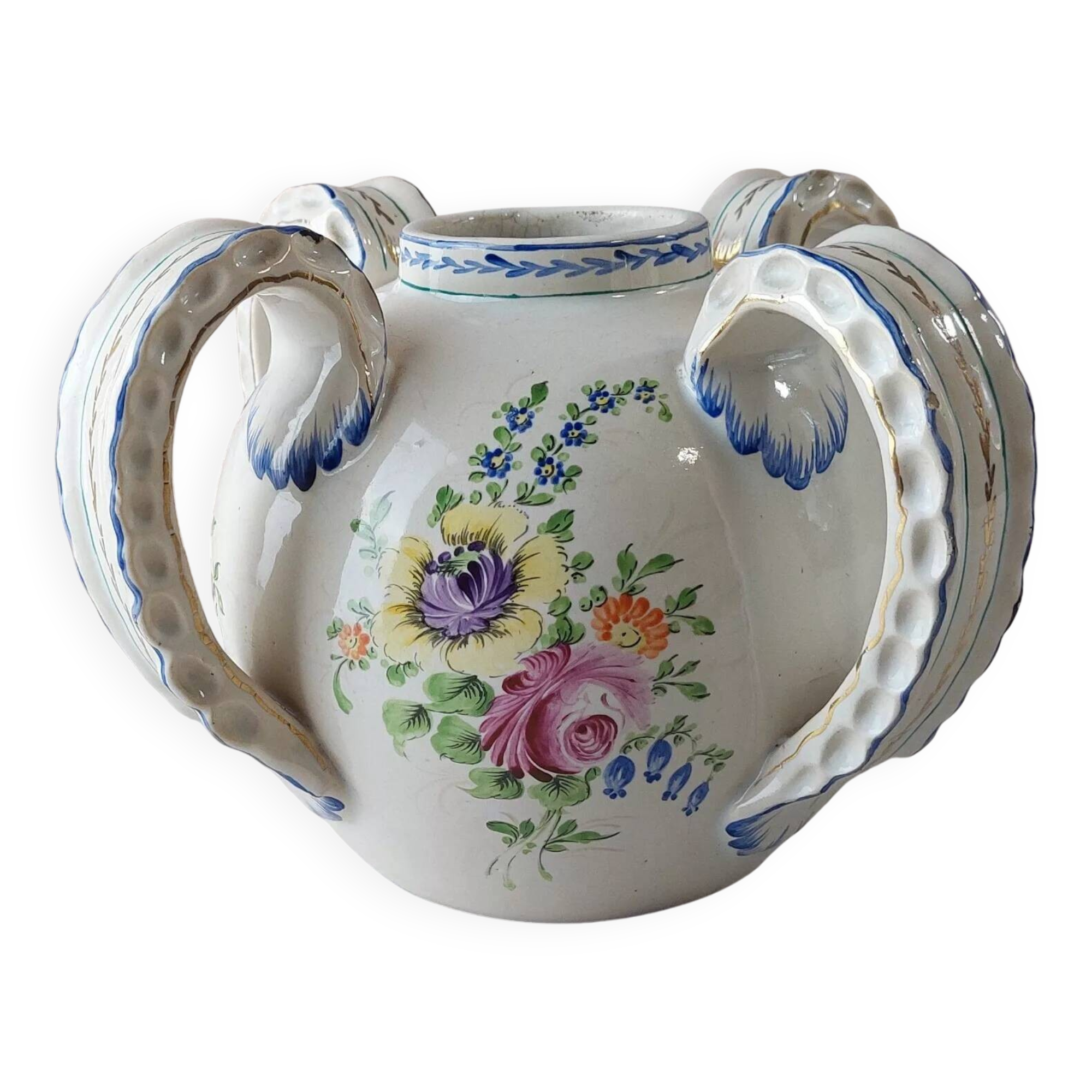 Old vase decorated with flowers, in ceramic, Roger Colas, from Clamecy