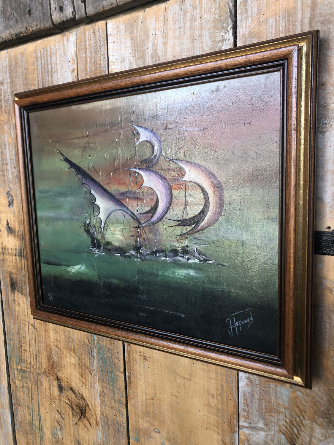 Oil painting on canvas j. peyraud view boats + wood frame #a219
