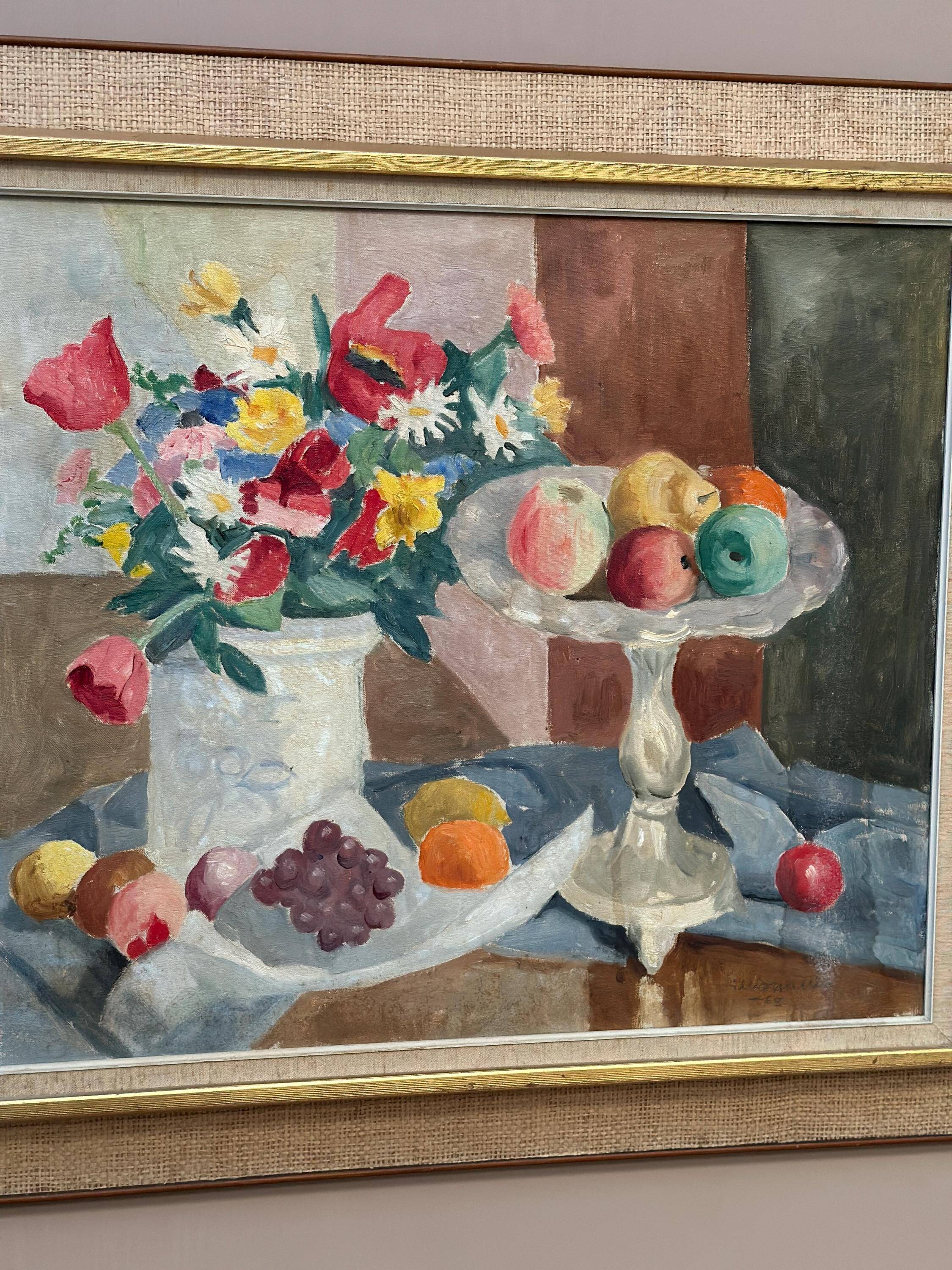 Original Swedish Oil on Canvas – "Flowers and Fruit by Ellis Wallin"