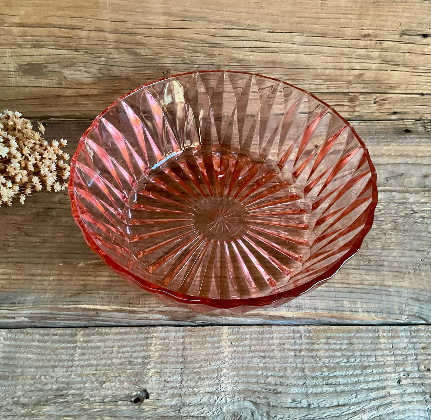 Cut glass salad bowl in pink glass