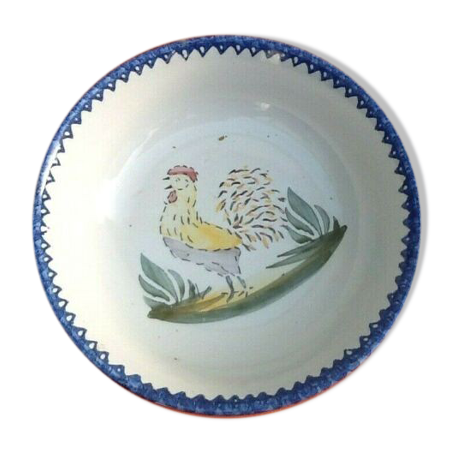 Old round and hollow dish Charolles earthenware Rooster decoration