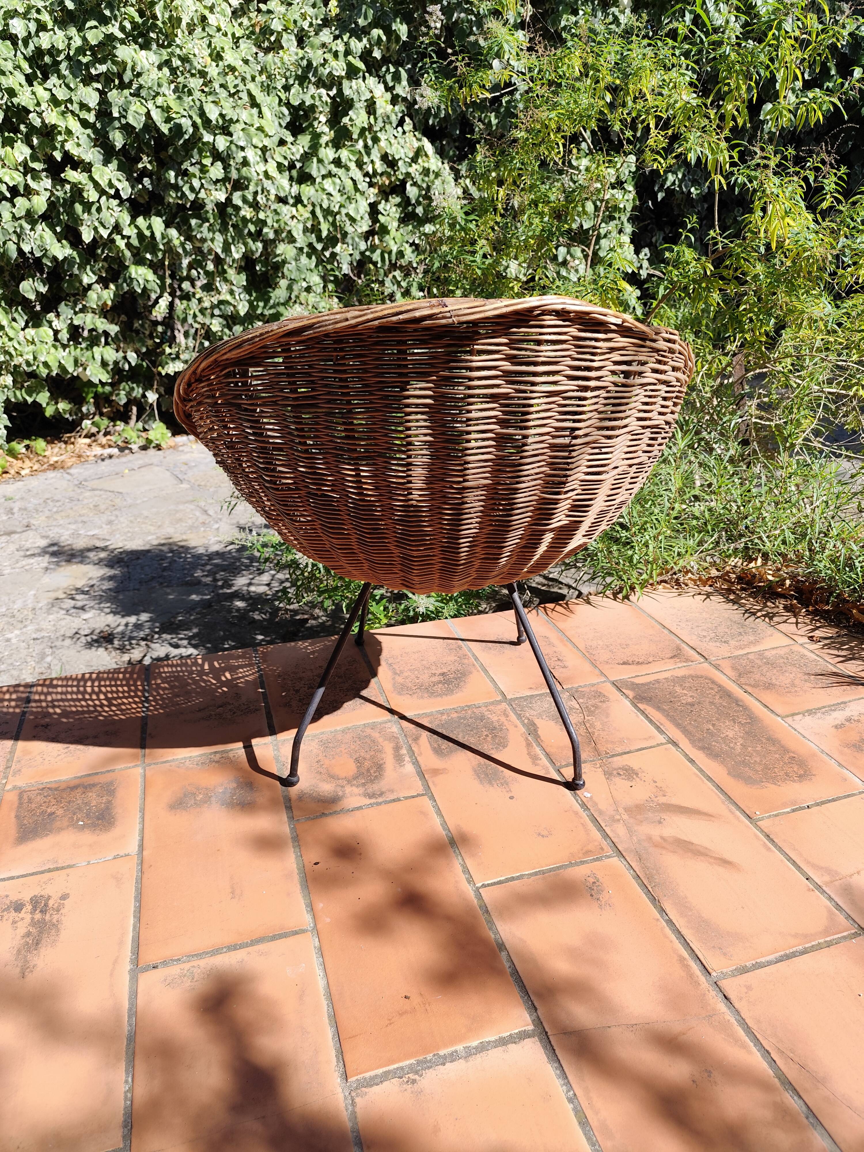 Vintage 1950s rattan and wrought iron basket armchair