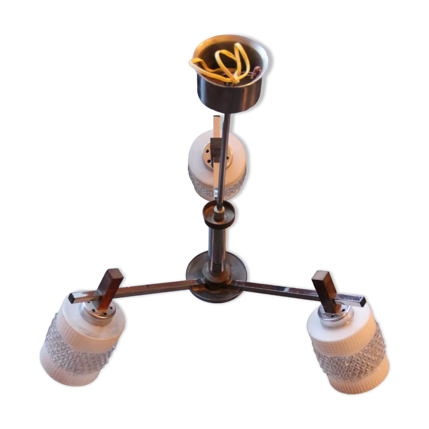 Chandelier 3 arms teak, metal and cut glass