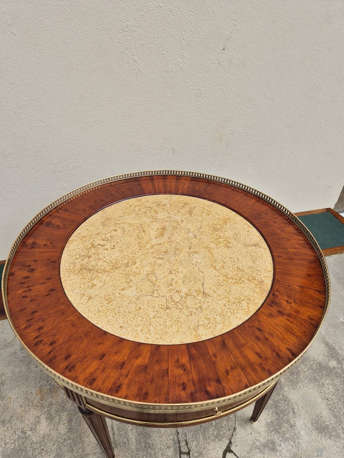 Louis XVI style mahogany bouillotte table in marquetry and bronze