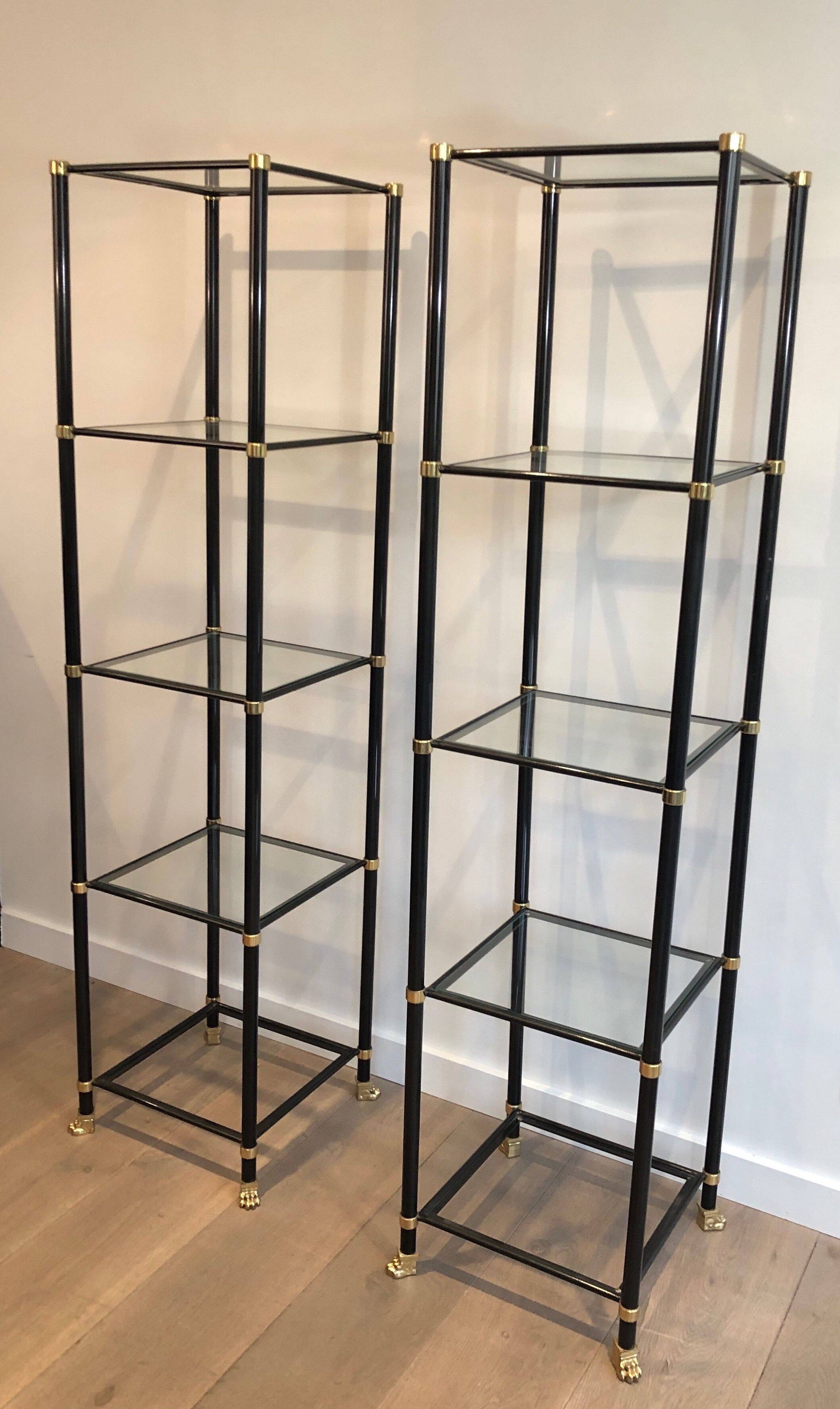 Pair of black lacquered metal and brass shelves. Guy Lefèvre for Maison Jansen. Circa 1970.