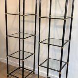 Pair of black lacquered metal and brass shelves. Guy Lefèvre for Maison Jansen. Circa 1970.