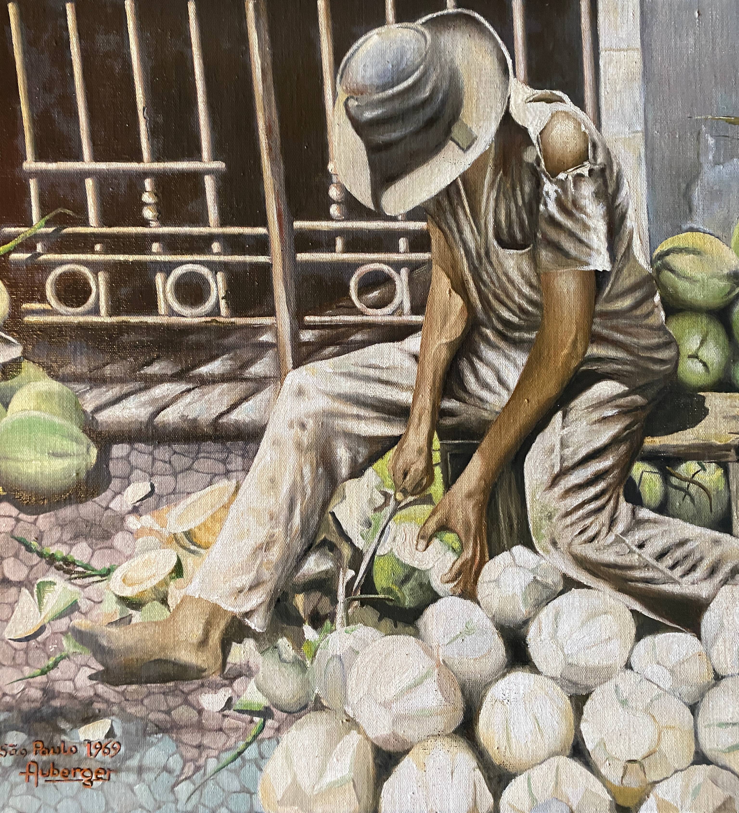 HSP painting "Coconut cutter" Sao Paulo signed Auberger 1969 + frame