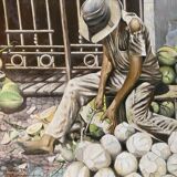 Tableau HSP "Coupeur de noix de coco" Sao Paulo signé Auberger 1969 + cadre