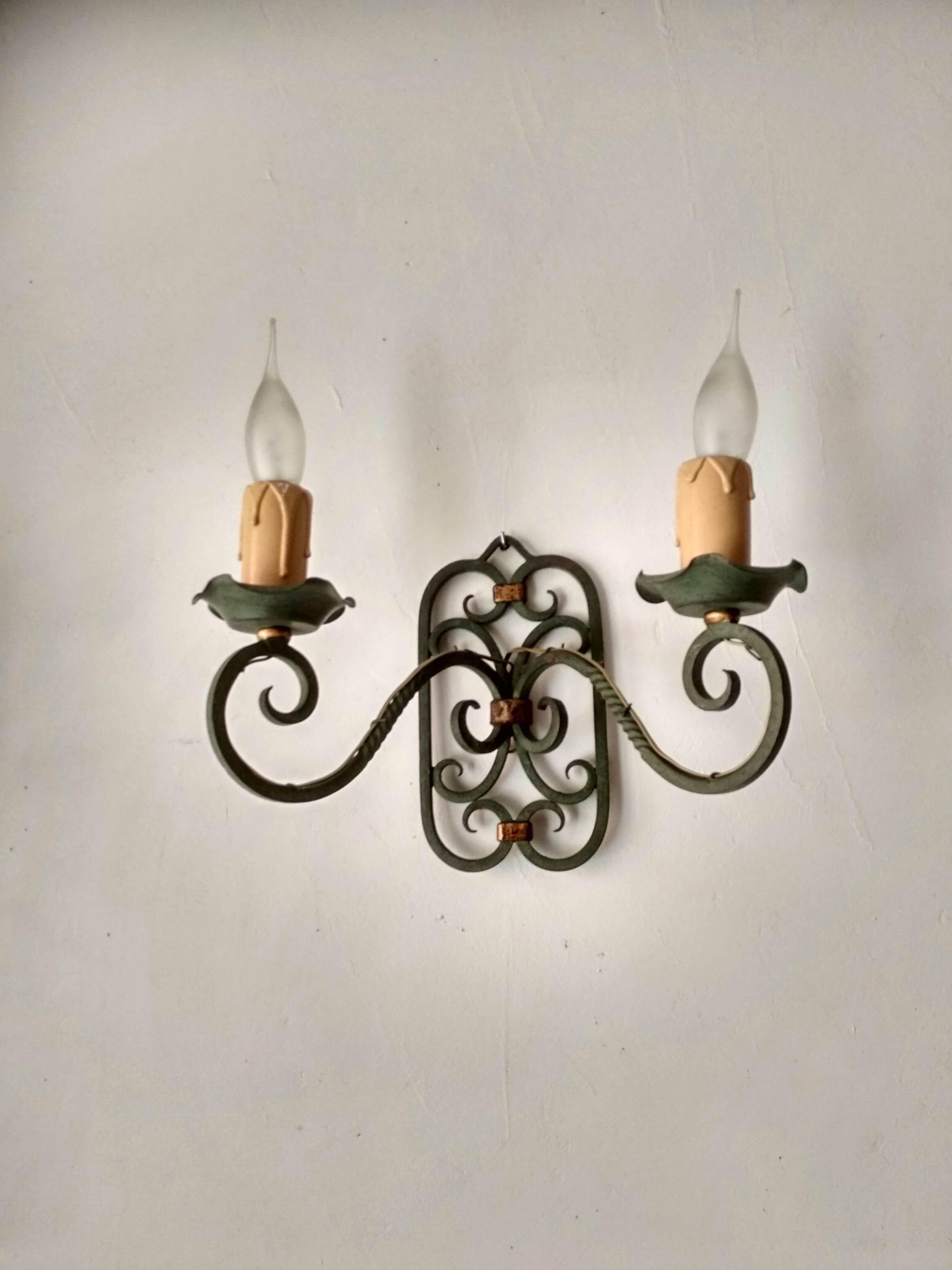 Pair of old wrought iron sconces patina green and gold - 2 lights