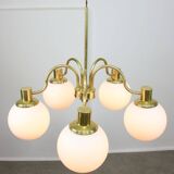 Italian Mid century Modern Chandelier in Brass and Opaline Glass, 1960s