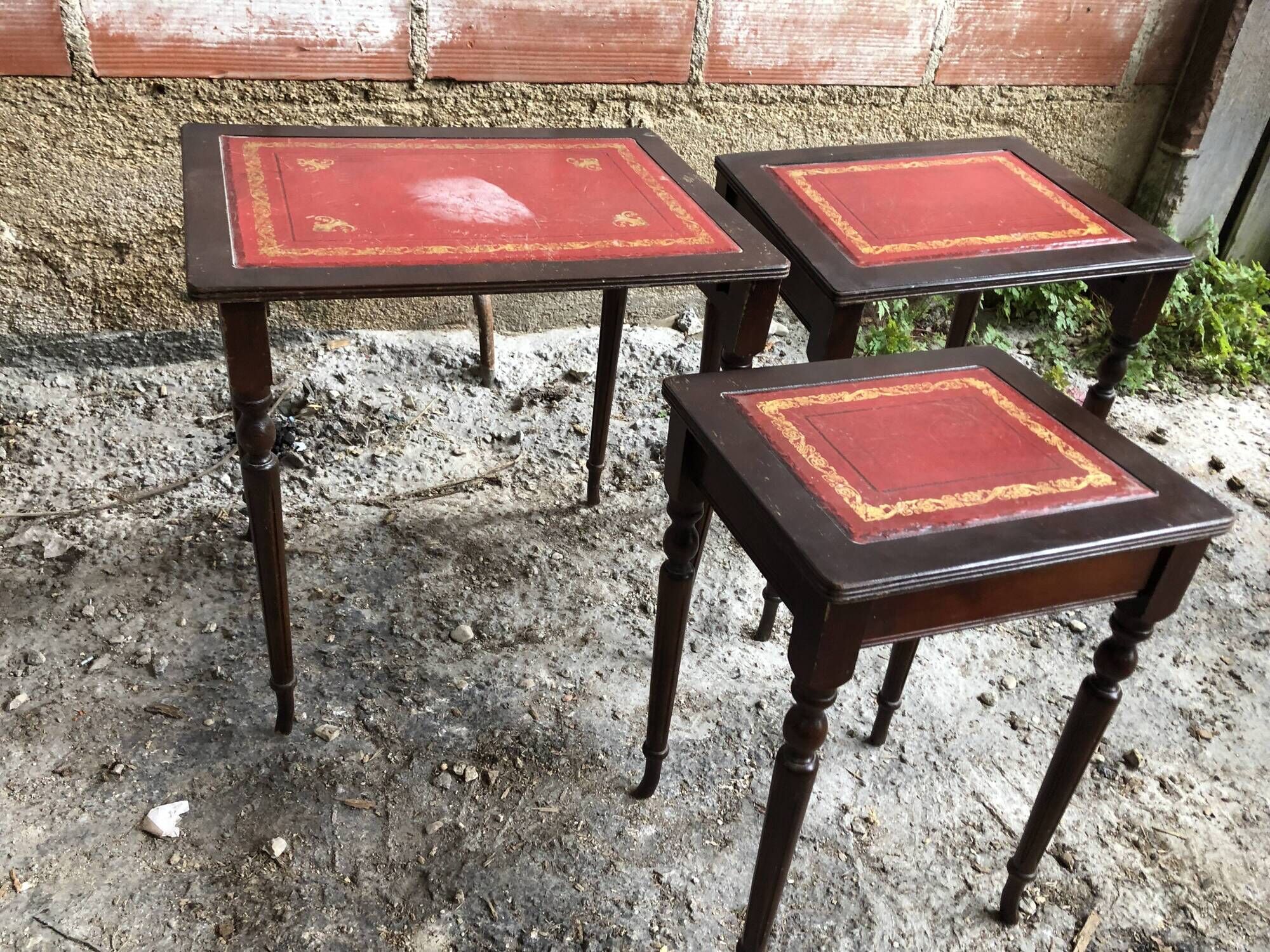 Series 3 Tables Trundles Wood Bent Feet + Top Embossed Leather Vintage Red