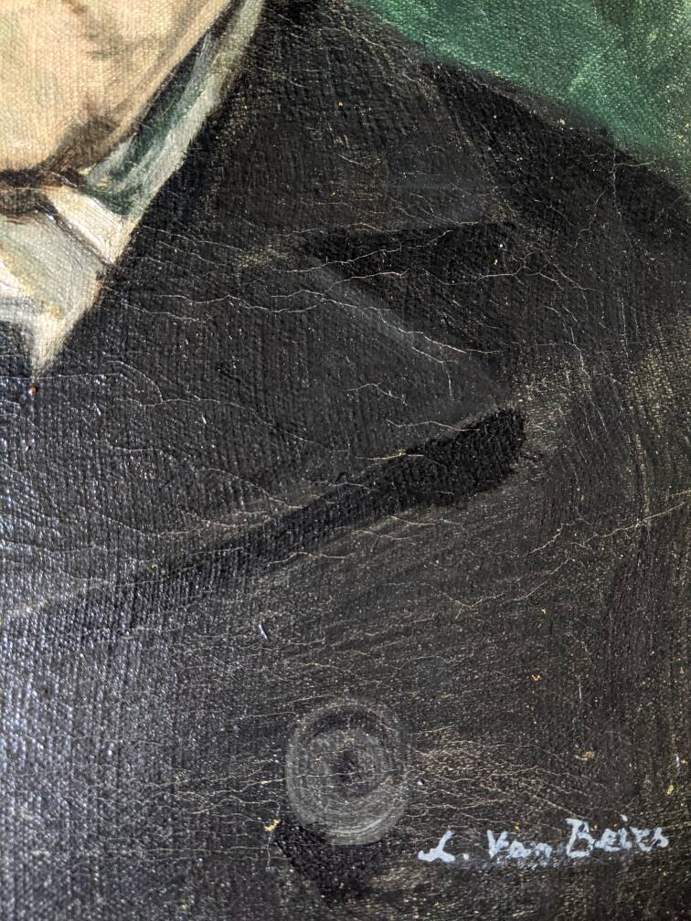 Old oil on canvas portrait of a man from the 20th century, countryside decoration, golden frame