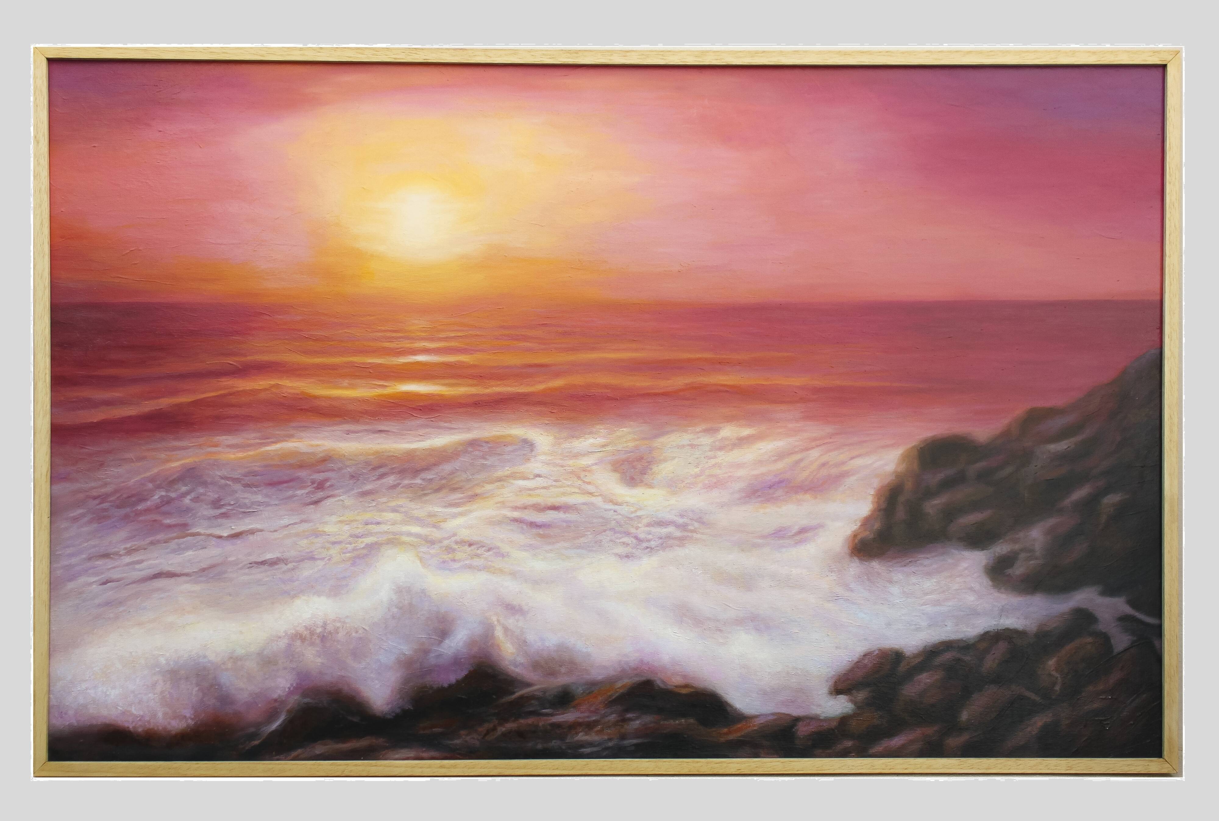 Cuadro del mar al oleo. Pintura de puesta de sol en el mar.