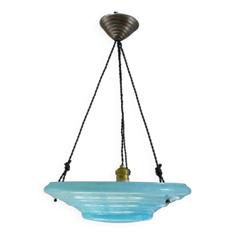 Grande suspension Art Déco en verre texturé bleu avec suspension par corde, Allemagne années 1920-1930