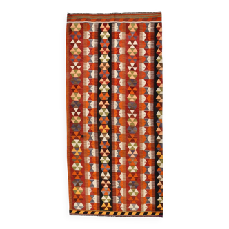 Tapis Kilim orange et rouge citrouille 5x10, tapis Kilim turc vintage, 143x313