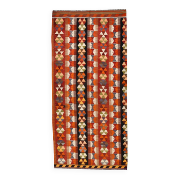 Tapis Kilim orange et rouge citrouille 5x10, tapis Kilim turc vintage, 143x313