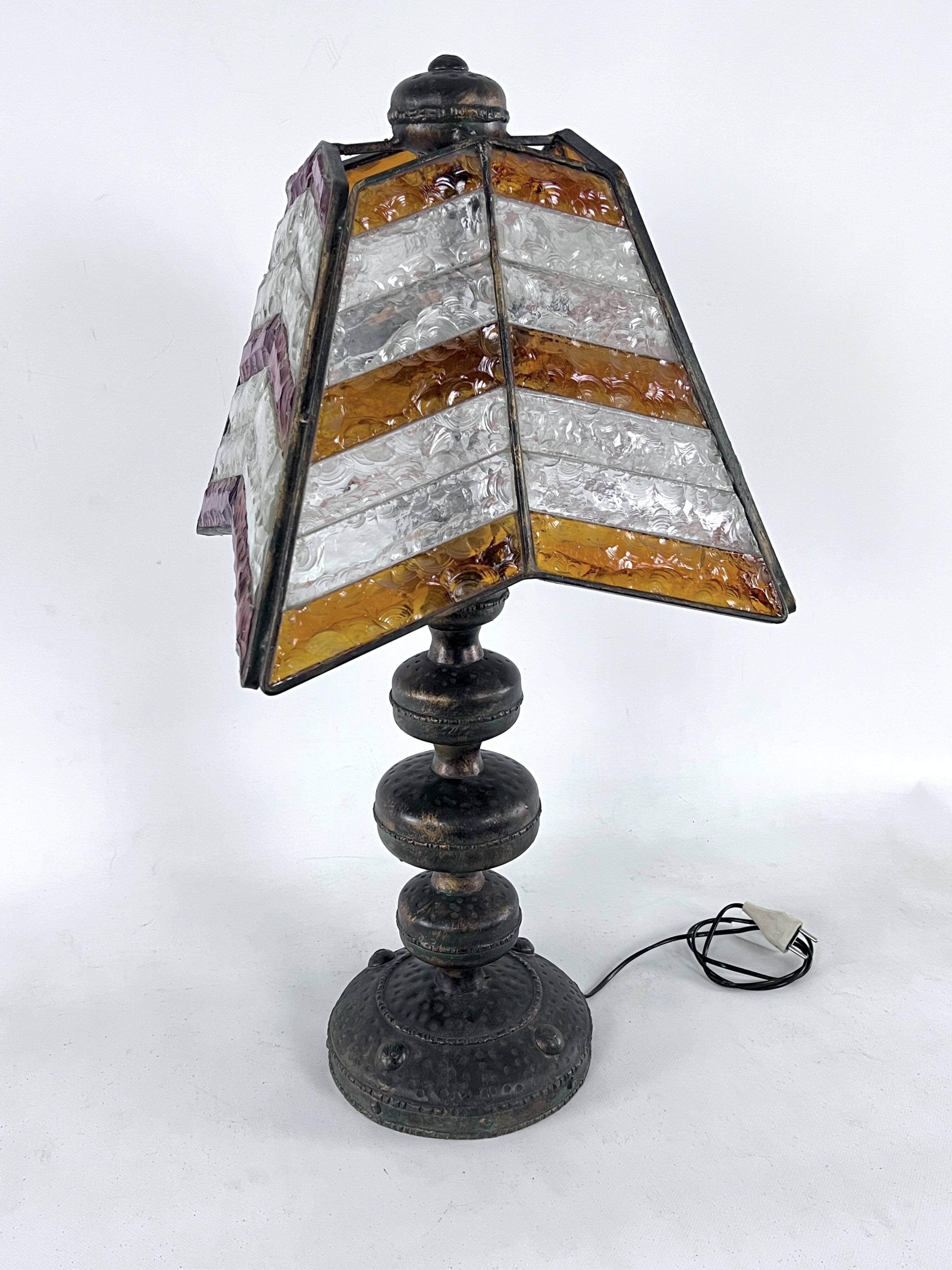 Monumental brutalist thick glass and metal table lamp by Longobard. Italy 1