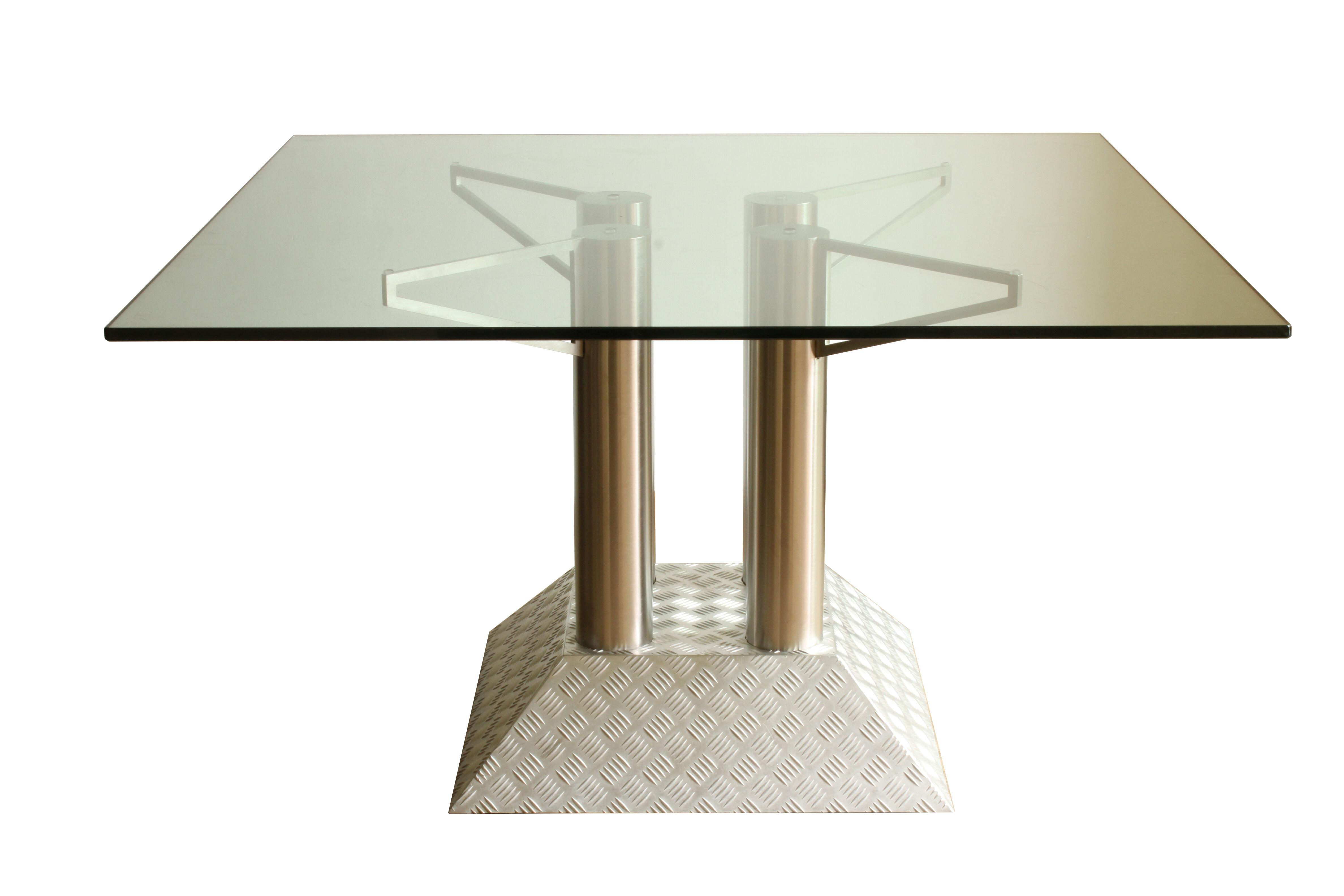 Industrial steel tube and diamond chequer plate table with a glass top, 1990s.