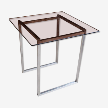 Table piètement aluminium et plateau verre vintage