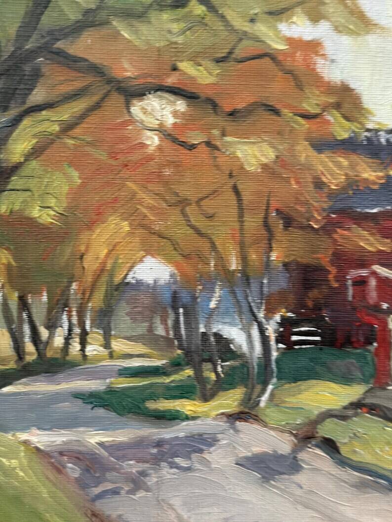 Original Swedish Oil on Canvas – "Path to the Red Cabins" by Karl Gustaf Strandberg (1891–1981) – Signed – Vintage and Framed – 50 × 43 cm (19.7 × 16.9 inches)