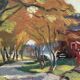 Original Swedish Oil on Canvas – "Path to the Red Cabins" by Karl Gustaf Strandberg (1891–1981) – Signed – Vintage and Framed – 50 × 43 cm (19.7 × 16.9 inches)