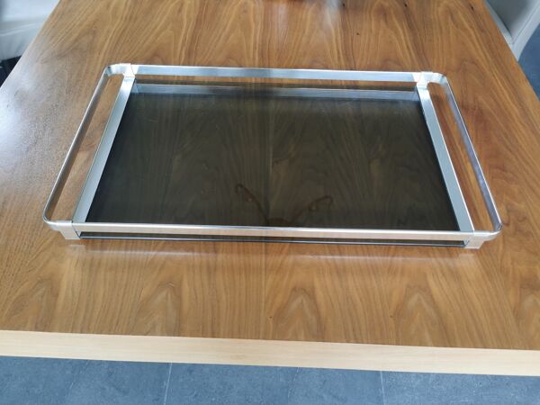 Plateau vintage verre fumé et métal chromé