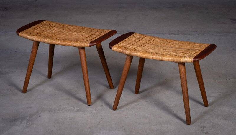 Teak and Woven Stools, Denmark, 1960s, Set of 2