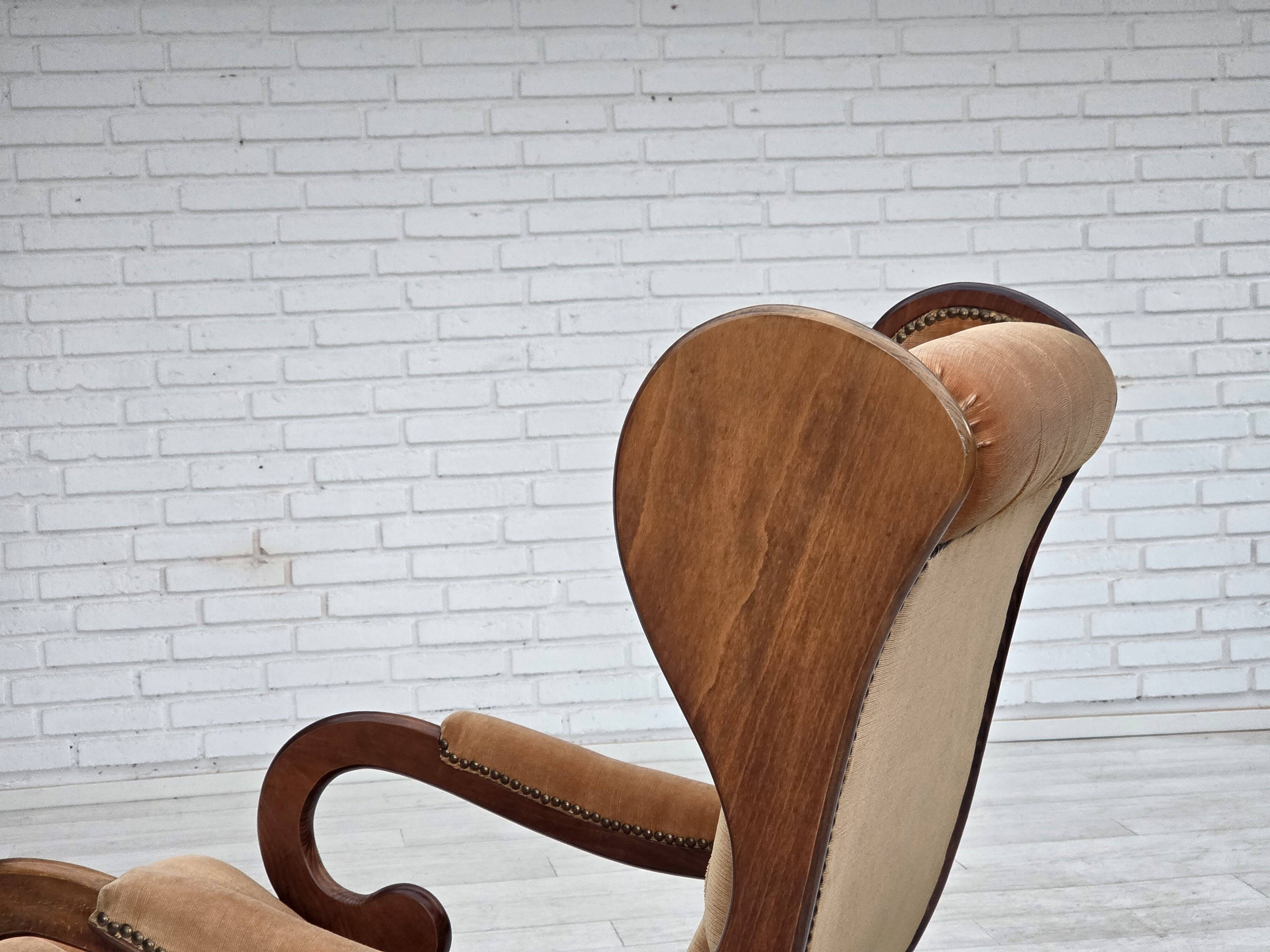 1960s, Scandinavian rocking chair, furniture velour, dark beech wood.