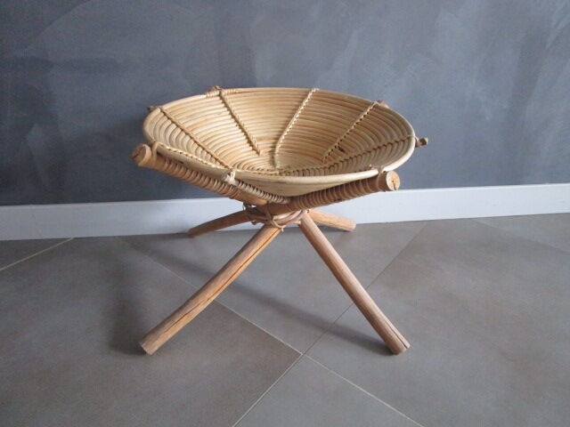 Corbeille sur pied vintage en bois,bambou et rotin